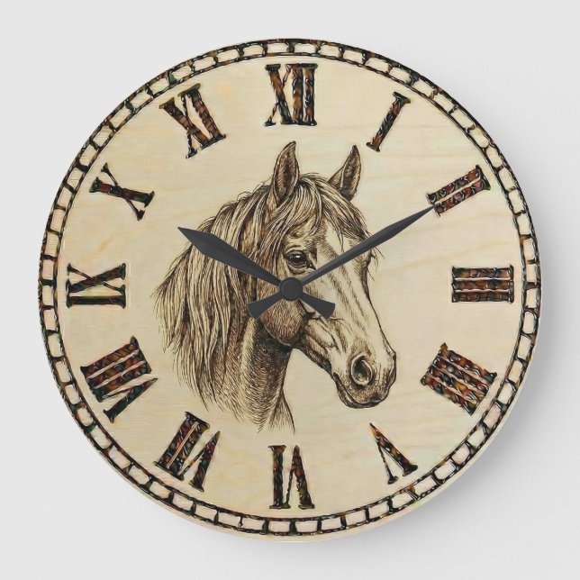 Grande Horloge Ronde Horse Portrait Wall Clock - Rustic Elegance (Recto)