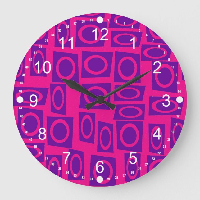 Grande Horloge Ronde Hot Pink and Purple Fun Circle Square Pattern (Recto)