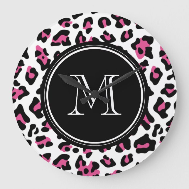 Grande Horloge Ronde Hot Pink Black Leopard Animal Print with Monogram (Recto)