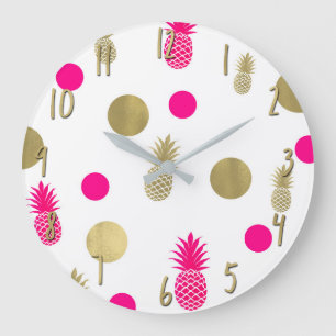 Grande Horloge Ronde Hot Pink & Gold Dots & Pineapples Fun Summer Chic