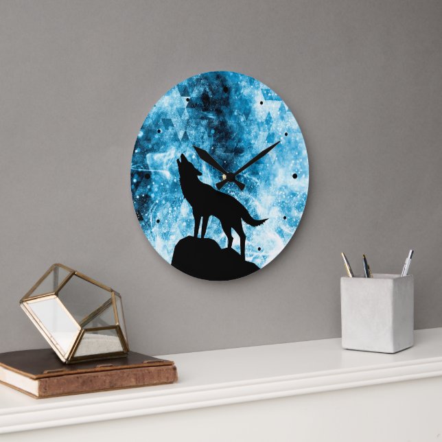 Grande Horloge Ronde Howling Wolf Hiver neige bleue fumée Abstraite (Bureau)