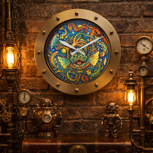 Grande Horloge Ronde Hublot de Sous-marin Steampunk Créatures Sous-Mari