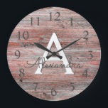 Grande Horloge Ronde Huile d'or rose et Monogramme de bois rustique<br><div class="desc">Huile d'or rose et Monogramme de bois rustique Nom et horloge murale de service initial. L'horloge murale fait le cadeau parfait pour quelqu'un qui aime Pink Rose Gold Foil et Rustic Wood.</div>