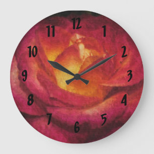 Grande Horloge Ronde Huile Peinture Flaming Rose rouge
