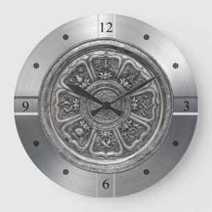 Grande Horloge Ronde Huit Treasure Motif Plaque d'argent ~ (八 寳 紋