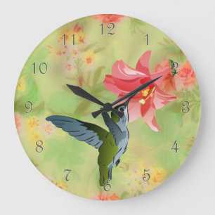 Grande Horloge Ronde Hummingbird and Pink Lily on Floral
