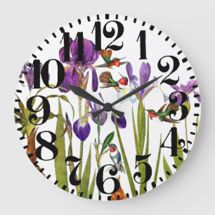 Grande Horloge Ronde Hummingbird Birds Flowers Big Number Wall Clock