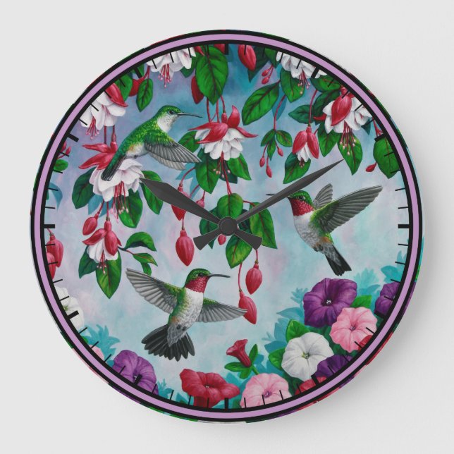 Grande Horloge Ronde Hummingbirds à Fuchsia Flower Garden (Recto)
