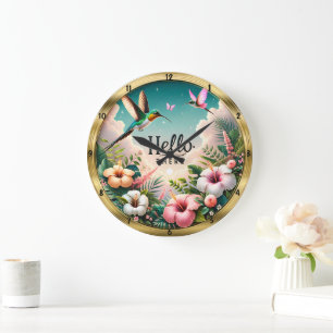 Grande Horloge Ronde Hummingbirds Fleurs tropicales Bonjour