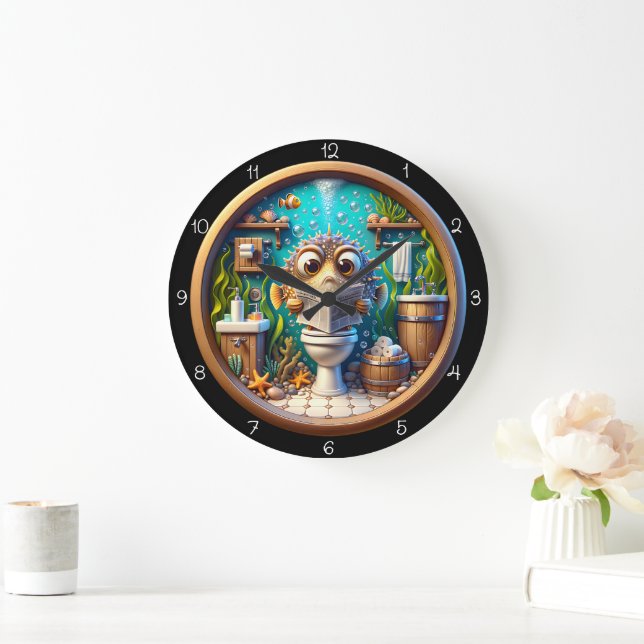 Grande Horloge Ronde Humorous Whimsical Pufferfish Bathroom Clock (Maison)