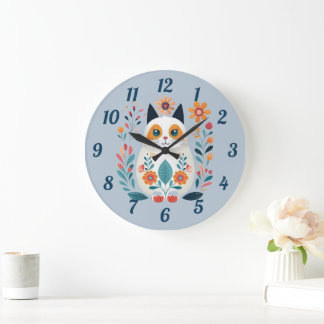 Grande Horloge Ronde Hygge Blanc Fleur Chat Art Folk