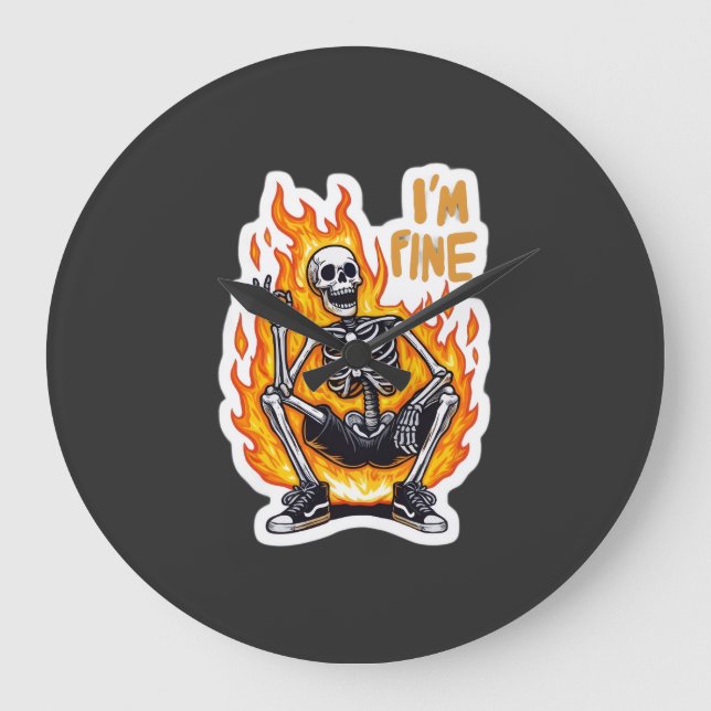 Grande Horloge Ronde I’m Fine Skeleton on Fire Funny Sticker Illustrati (Recto)