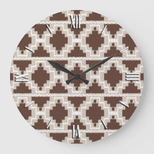 Grande Horloge Ronde Ikat Aztec Motif - Brown au chocolat et Taupe