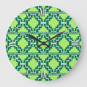 Grande Horloge Ronde Ikat Aztec Motif - Forêt et chaux vert