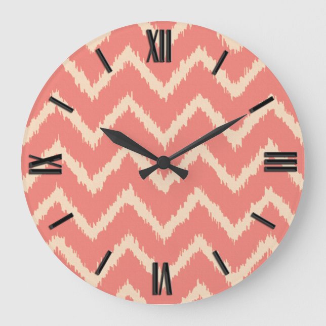 Grande Horloge Ronde Ikat Chevrons - Corail orange et pêche (Recto)