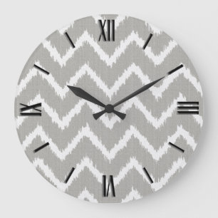 Grande Horloge Ronde Ikat Chevrons - gris argent et blanc
