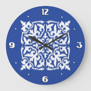 Grande Horloge Ronde Ikat damask pattern - cobalt bleu et blanc