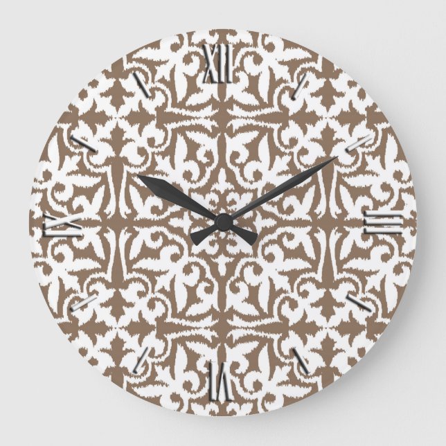 Grande Horloge Ronde Ikat damask pattern - Taupe Tan et Blanc (Recto)