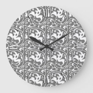 Grande Horloge Ronde Ikat Floral Damask - gris / gris / blanc