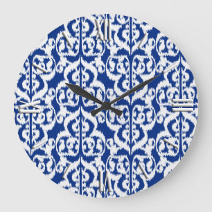 Grande Horloge Ronde Ikat Moorish Damask - bleu cobalt et blanc