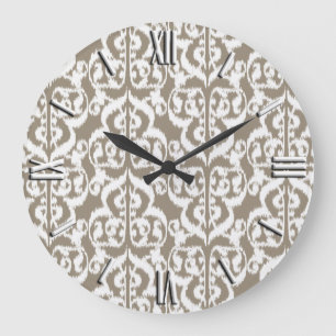 Grande Horloge Ronde Ikat Moorish Damask - taupe tan et blanc
