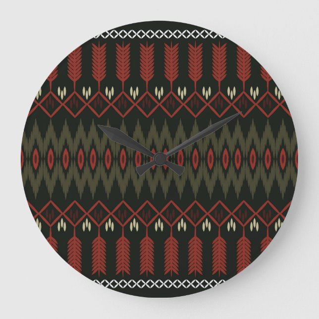 Grande Horloge Ronde Ikat Motif : Ornement ethnique géométrique (Recto)