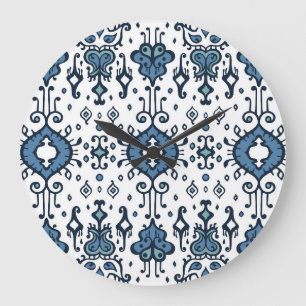 Grande Horloge Ronde Ikat, ornement tribal, sans couture ethnique.