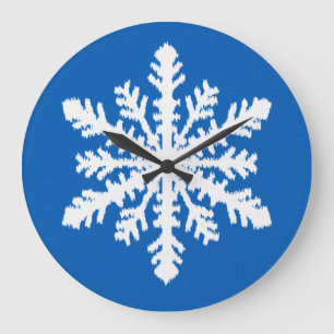 Grande Horloge Ronde Ikat Snowflake - Cobalt bleu et blanc