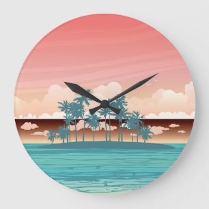 Grande Horloge Ronde Île de coco verte : illustration du coucher du sol