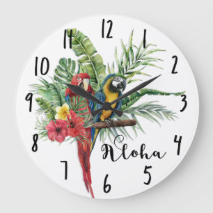 Grande Horloge Ronde Île Paradise Oiseaux Tropical Floral Botanique