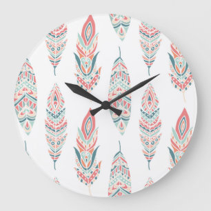 Grande Horloge Ronde Illustration à la main des plumes ethniques