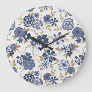 Grande Horloge Ronde Illustration Blue Simple Flowers Vins Botanique