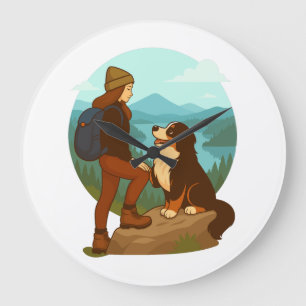 Grande Horloge Ronde Illustration d'aventure de fille et de chien de mo