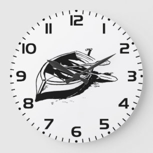 Grande Horloge Ronde Illustration de bateau à rames nautique noir et bl