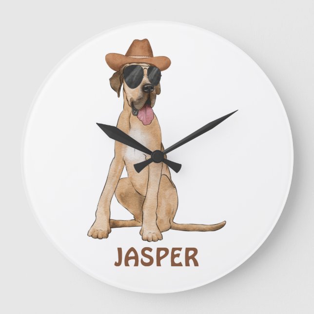 Grande Horloge Ronde Illustration de Chien Danois Grand Cowboy (Recto)