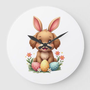 Grande Horloge Ronde Illustration de chien de Pâques vintage avec lapin