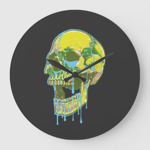 Grande Horloge Ronde Illustration de crâne qui dégouline de néon – Art