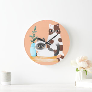 Grande Horloge Ronde Illustration de duo de chats Kawaii mignons Chat