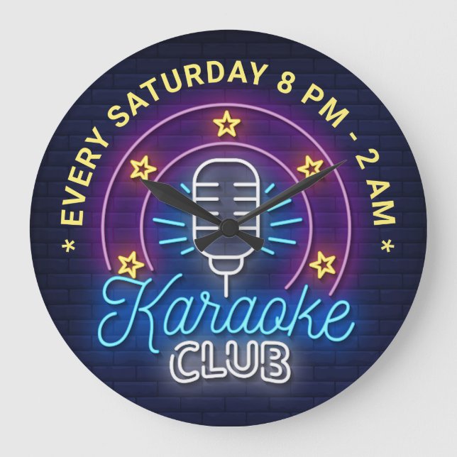Grande Horloge Ronde Illustration de Karaoke Club Neon Look, texte pers (Recto)
