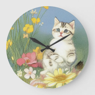 Grande Horloge Ronde Illustration de Kitten vintage avec Fleurs Jaunes
