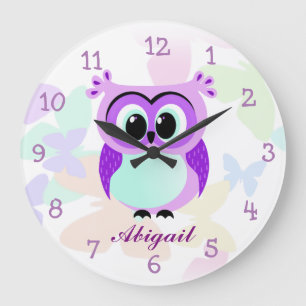 Grande Horloge Ronde Illustration de la mère et de la chouette pourpre