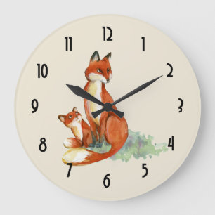 Grande Horloge Ronde Illustration de l'aquarelle Momma Fox et Baby