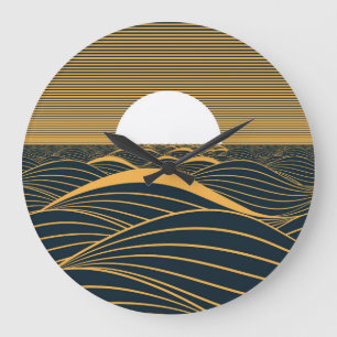 Grande Horloge Ronde Illustration de lune de soleil stylisée, mer sombr