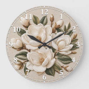 Grande Horloge Ronde Illustration de magnolia blanche brodée en faux 3D