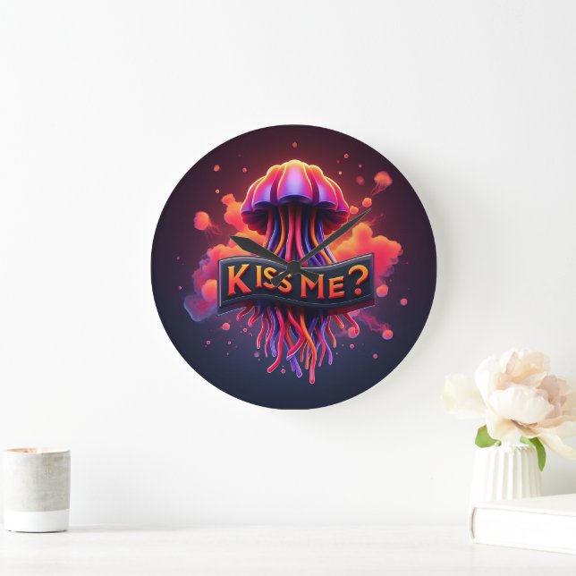 Grande Horloge Ronde Illustration de méduse colorée avec Kiss Me Texte (Maison)