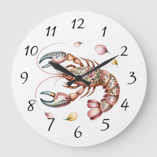 Grande Horloge Ronde Illustration du homard d'art populaire floral