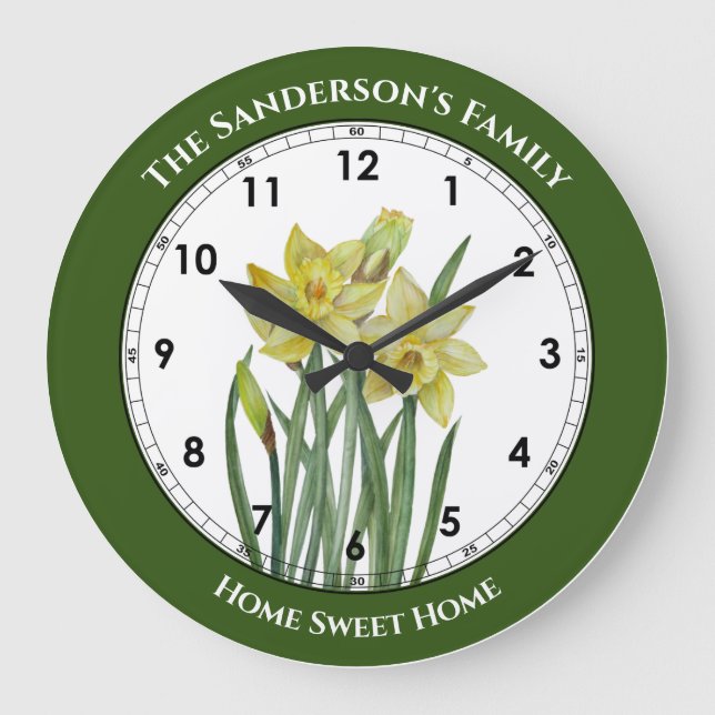 Grande Horloge Ronde Illustration du portrait des jonquilles d'aquarell (Recto)