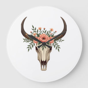 Grande Horloge Ronde Illustration Florale Vintage de Crâne de Taureau B
