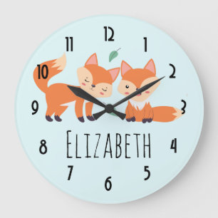 Grande Horloge Ronde Illustration graphique des renards orange mignons