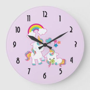 Grande Horloge Ronde Illustration magique Cute Mama & Baby Unicorn